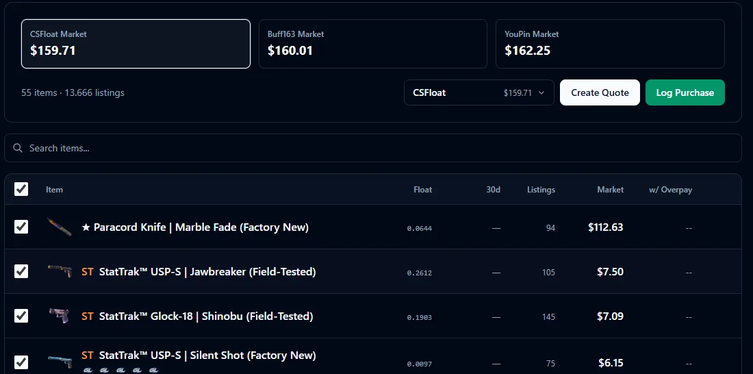 Cash Trader pricing a 55 item CS2 inventory with CSFloat, Buff163 and YouPin totals