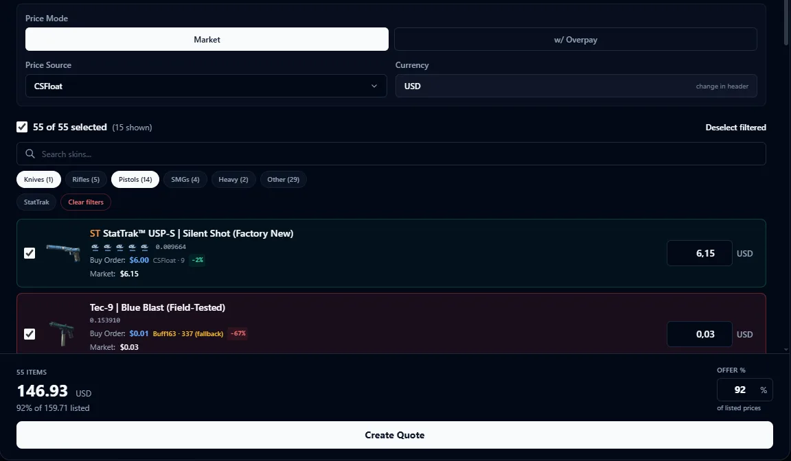 Cash Trader quote builder with a 92 percent offer and liquidity colours per skin